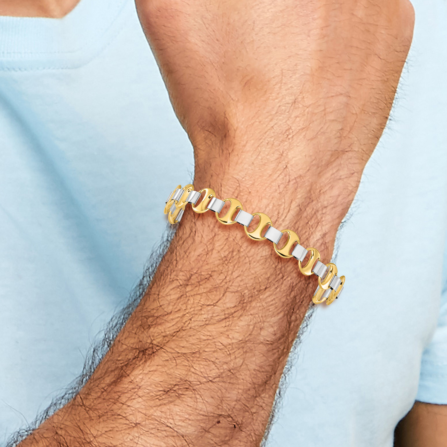 14K Two Tone Gold 9mm Link Chain Bracelet 7.5 inch Lightweight, Polished detailed image 2
