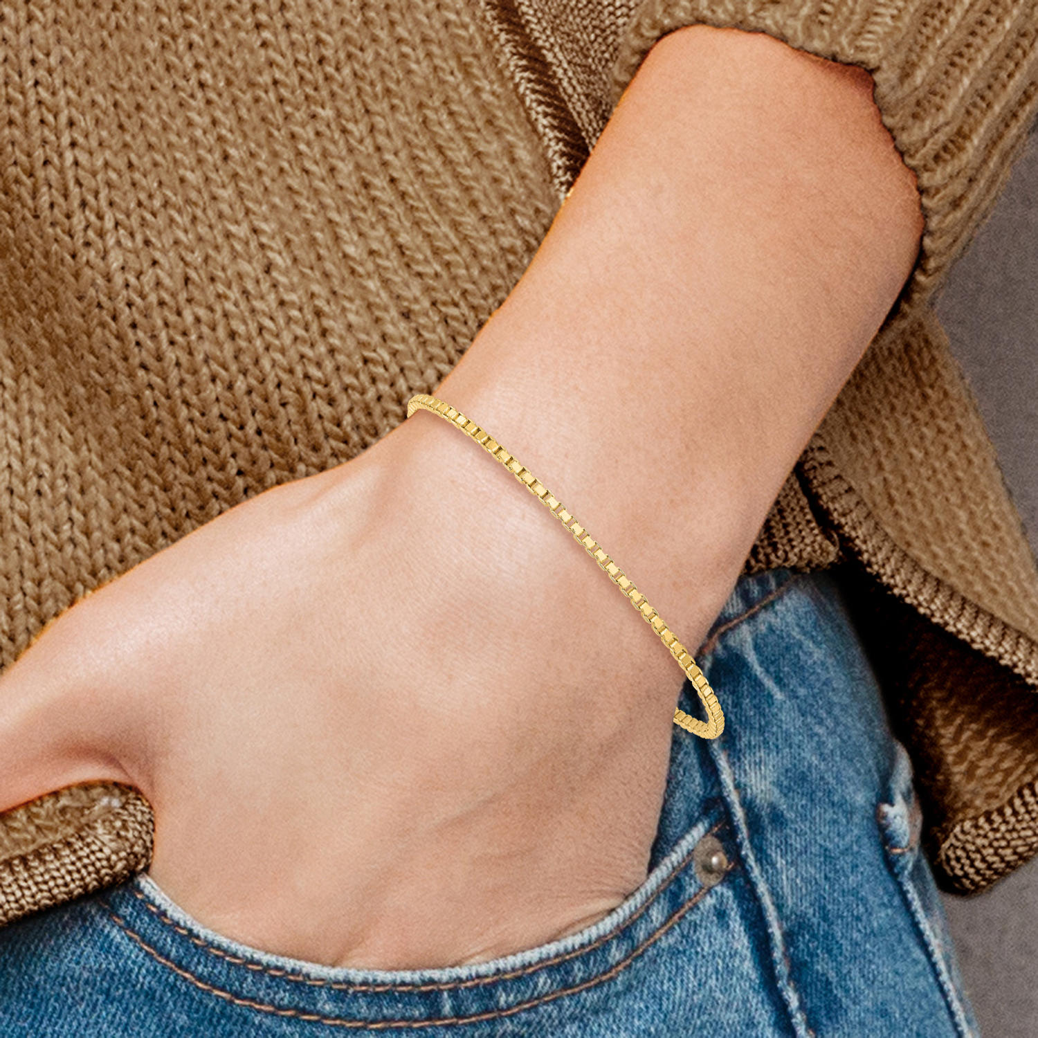 14K Solid Yellow Gold 1.9mm Thin Box Chain Bracelet 7 inch Polished for Women detailed image 2
