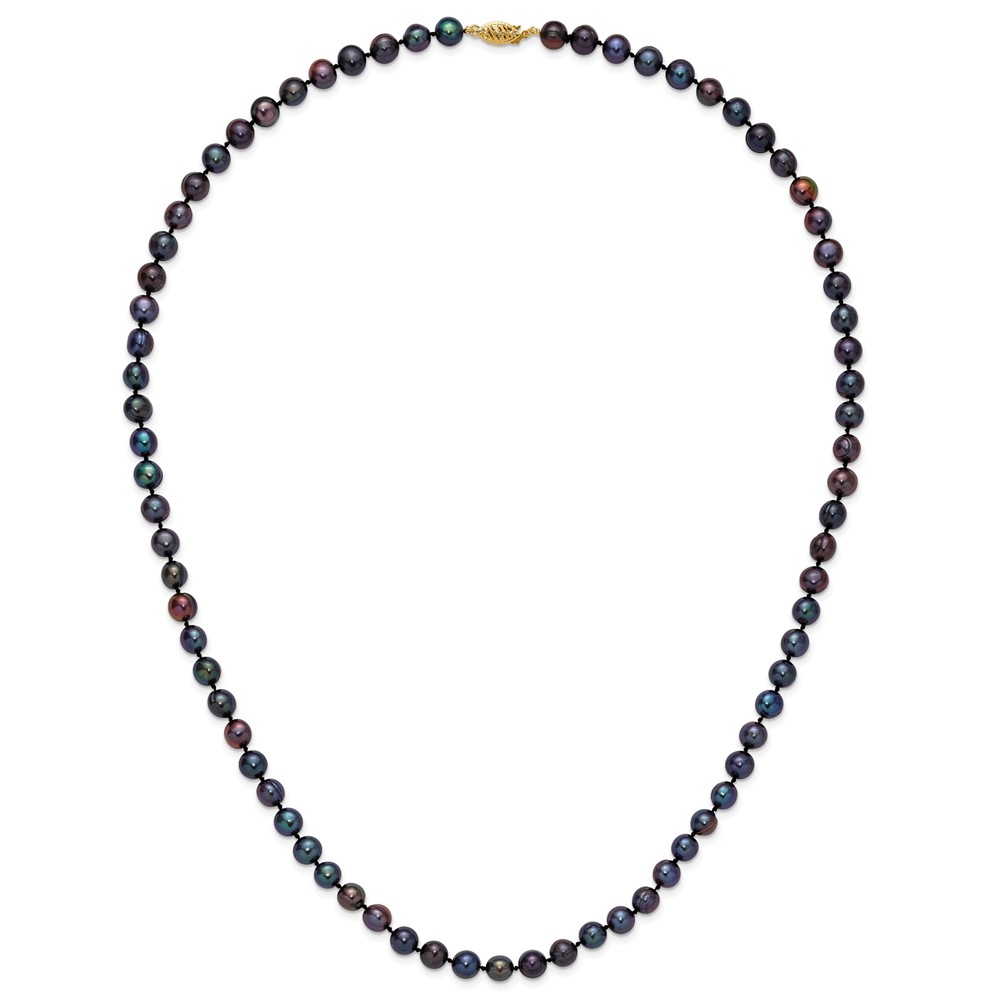 14K Solid Yellow Gold 6mm Black Round Freshwater Cultured Pearl Chain Necklace - Picture 15 of 41