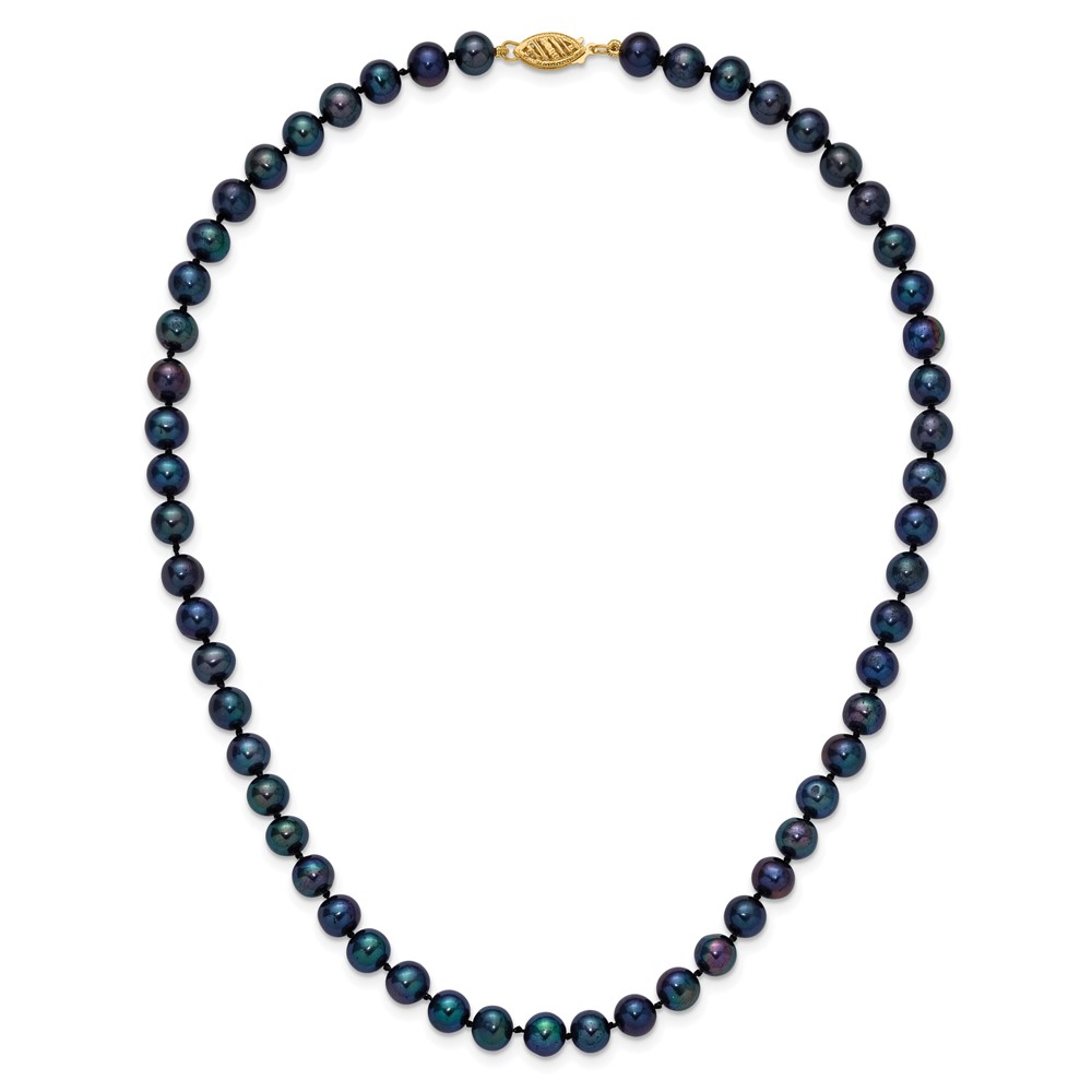 14K Solid Yellow Gold 6mm Black Round Freshwater Cultured Pearl Chain Necklace - Picture 12 of 41