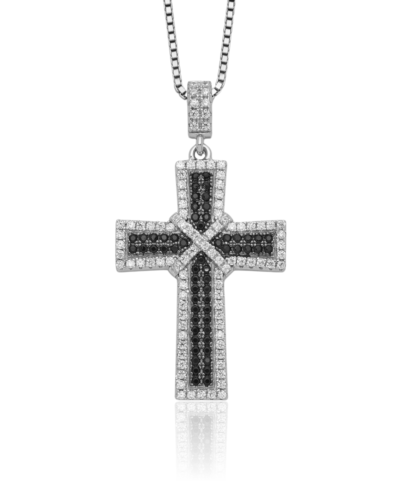 925 Sterling Silver Black White CZ Cross Chain Necklace
