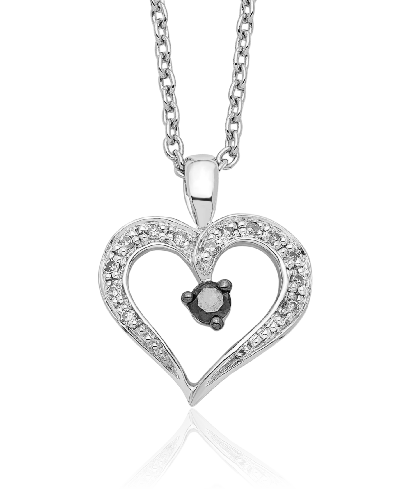 925 Sterling Silver Black White Diamond Heart Necklace