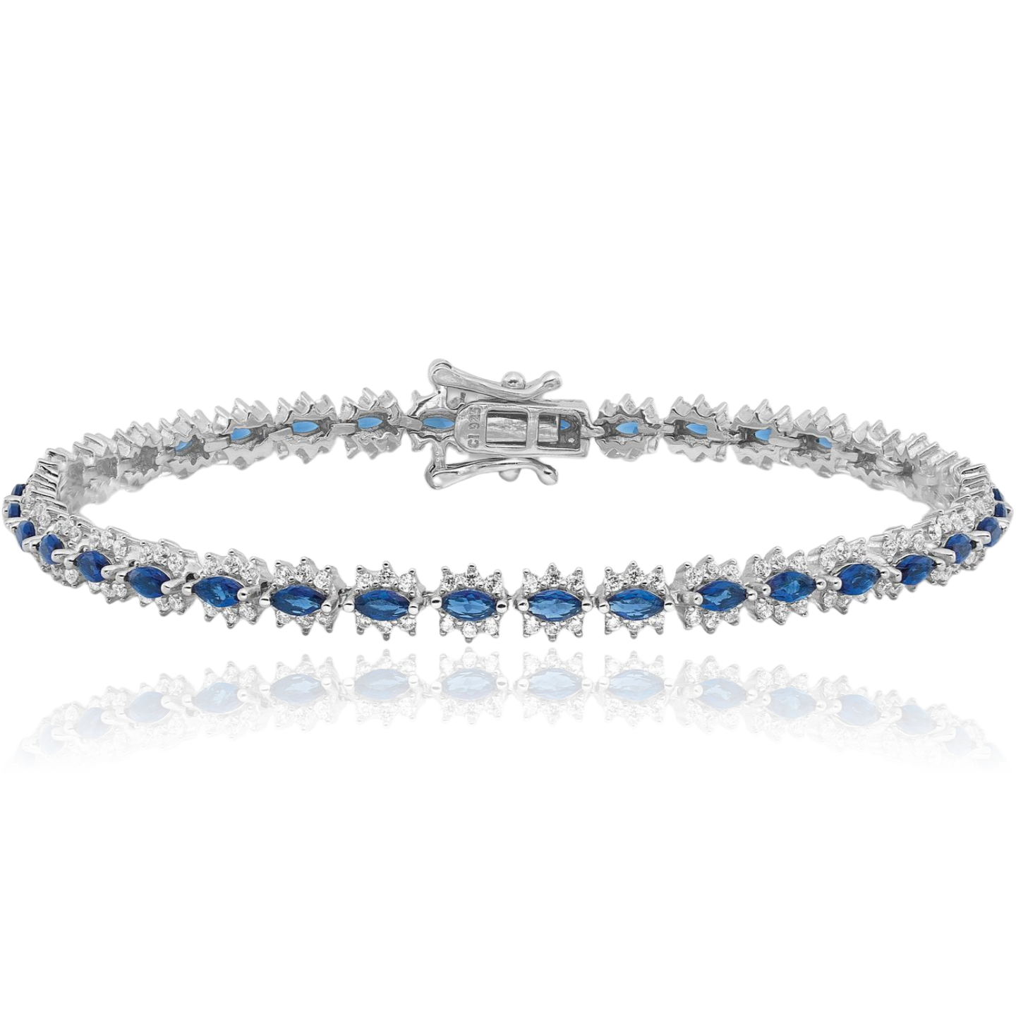 925 Sterling Silver Blue White CZ Chain Bracelet