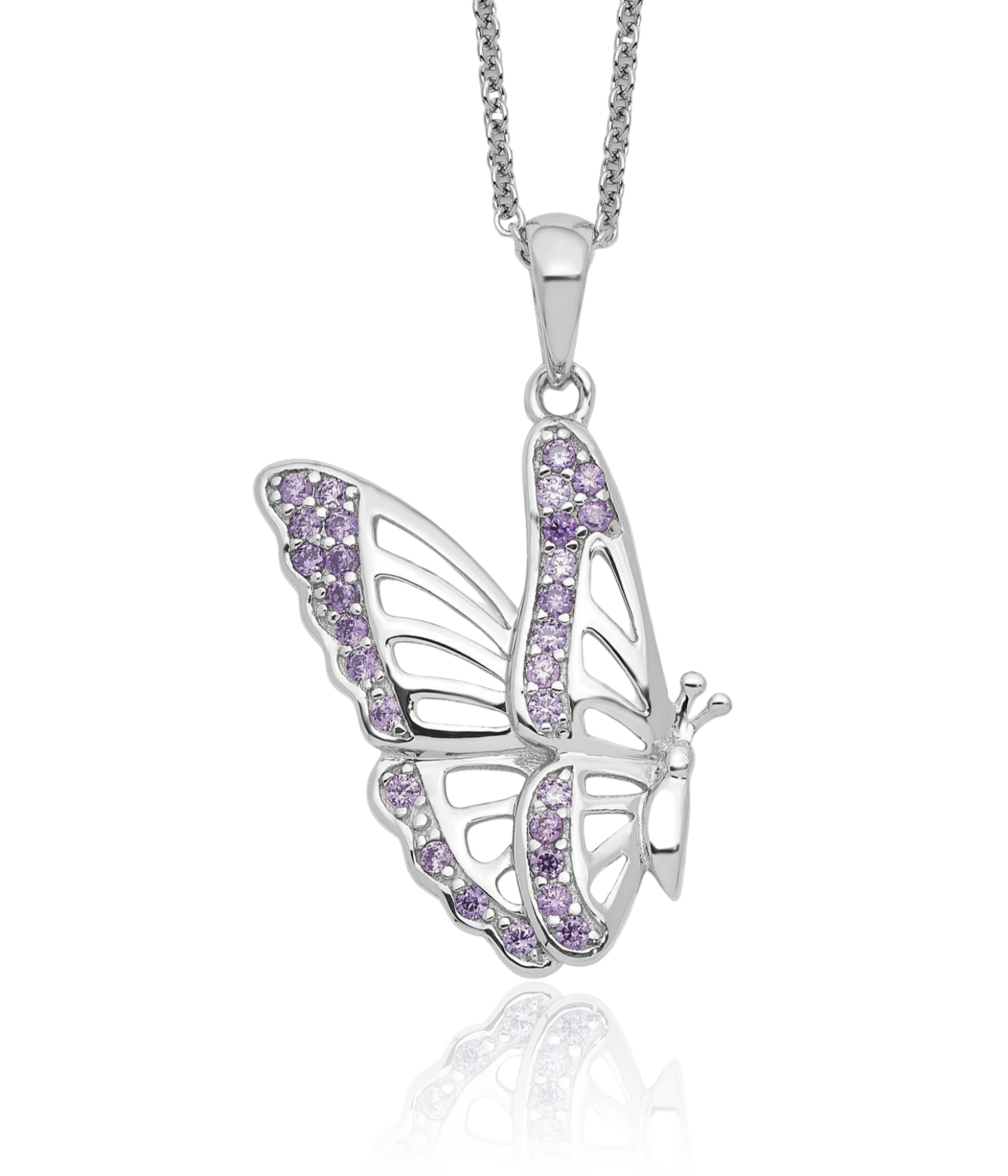 925 Sterling Silver Purple Cubic Zirconia Small Butterfly Pendant Necklace 18mm