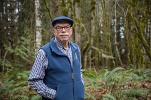 Man posing in front of forest