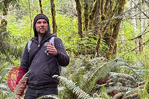 Man standing amongst ferns in a forest.