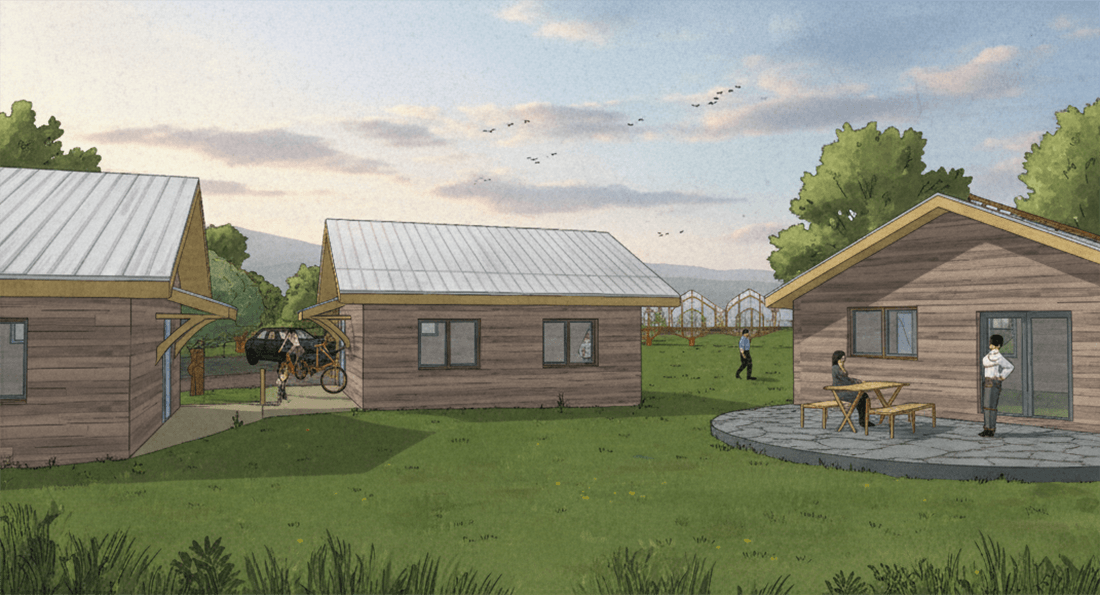 A conceptual illustration of Chimacum Commons with three buildings.