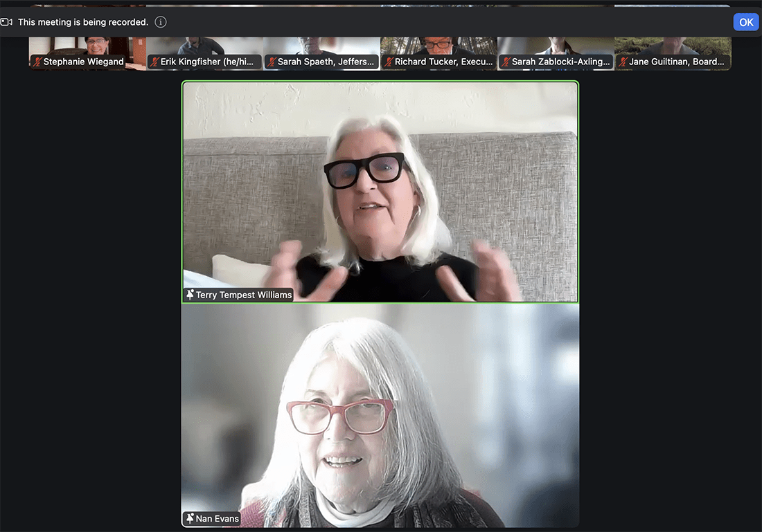 Screenshot of a virtual event showing two women.