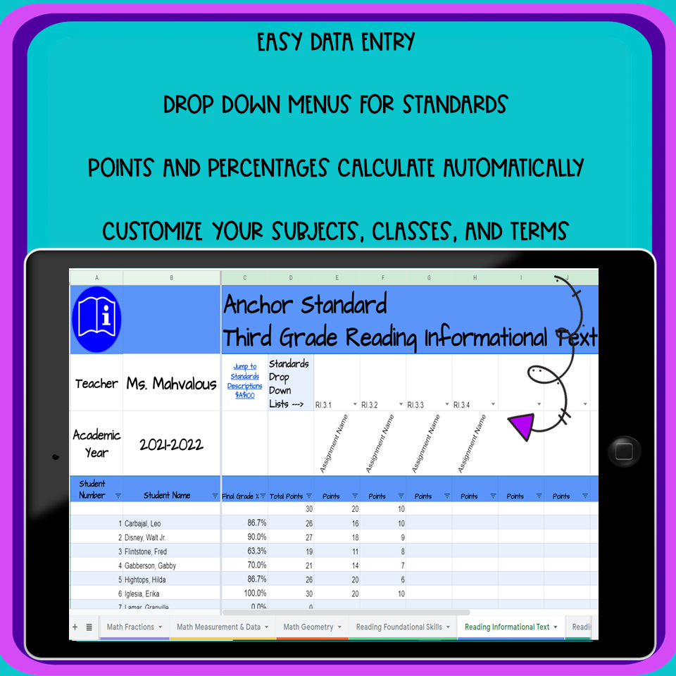 Standards Based Grade Book in Google Sheets for Third Grade - Classful