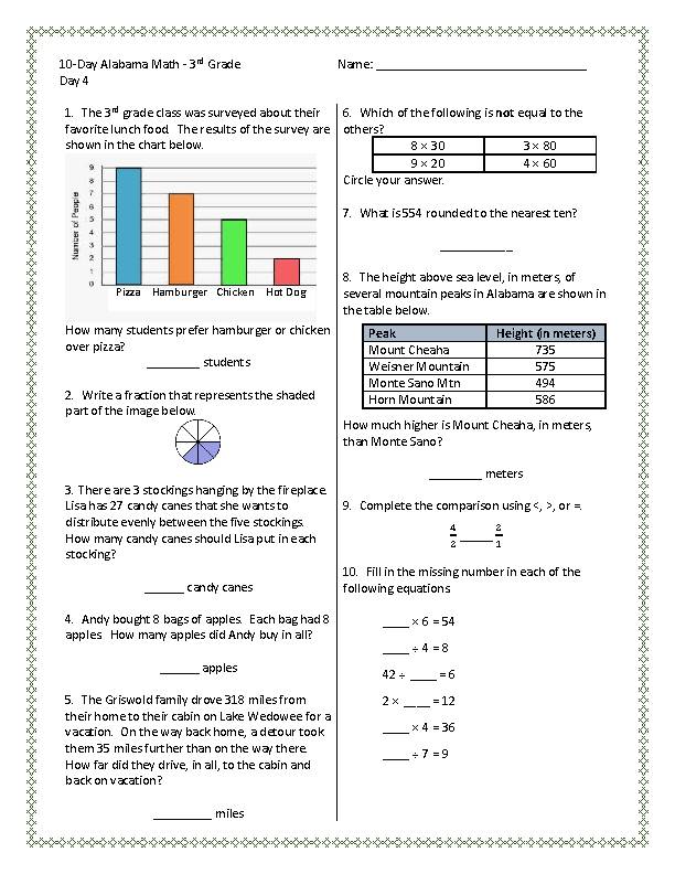 3rd Grade Alabama ACAP Math Test Prep / Standards Review 10 Days of