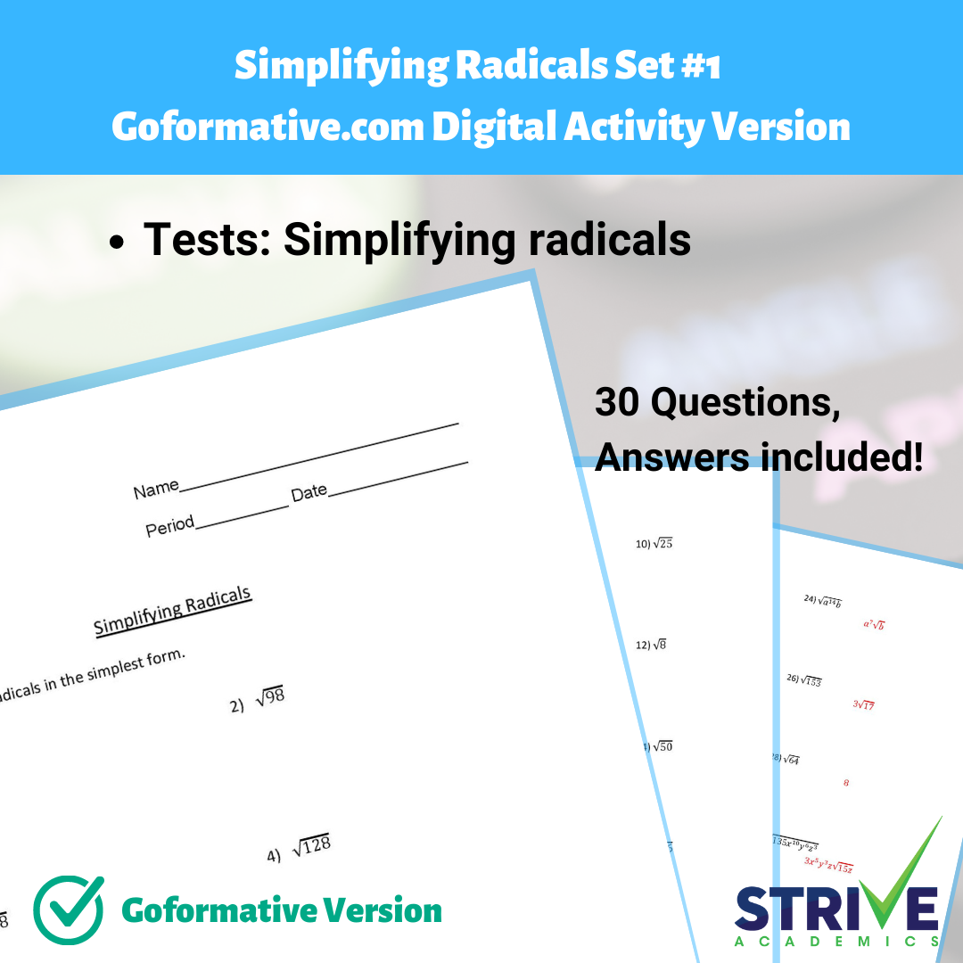 Simplifying Radicals Set #1 Worksheet and Goformative.com ...