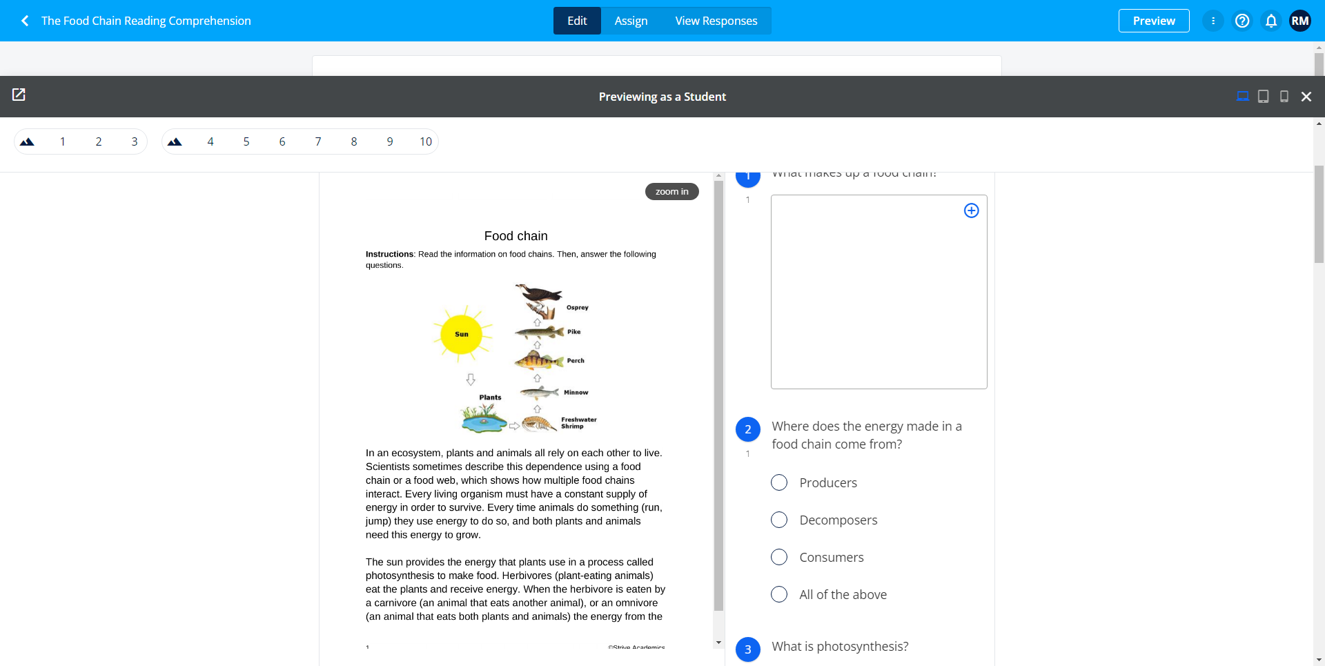 The Food Chain English Reading Comprehension Goformative Online 