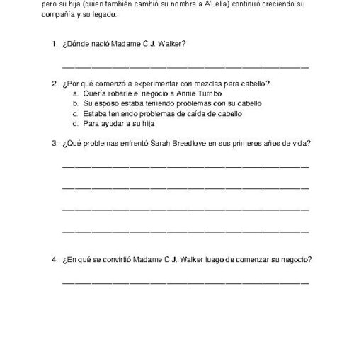 The Life of Madam C.J. Walker Spanish Reading Comprehension Worksheet