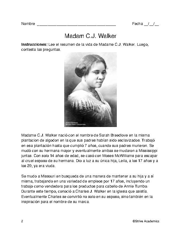 The Life of Madam C.J. Walker Spanish Reading Comprehension Worksheet