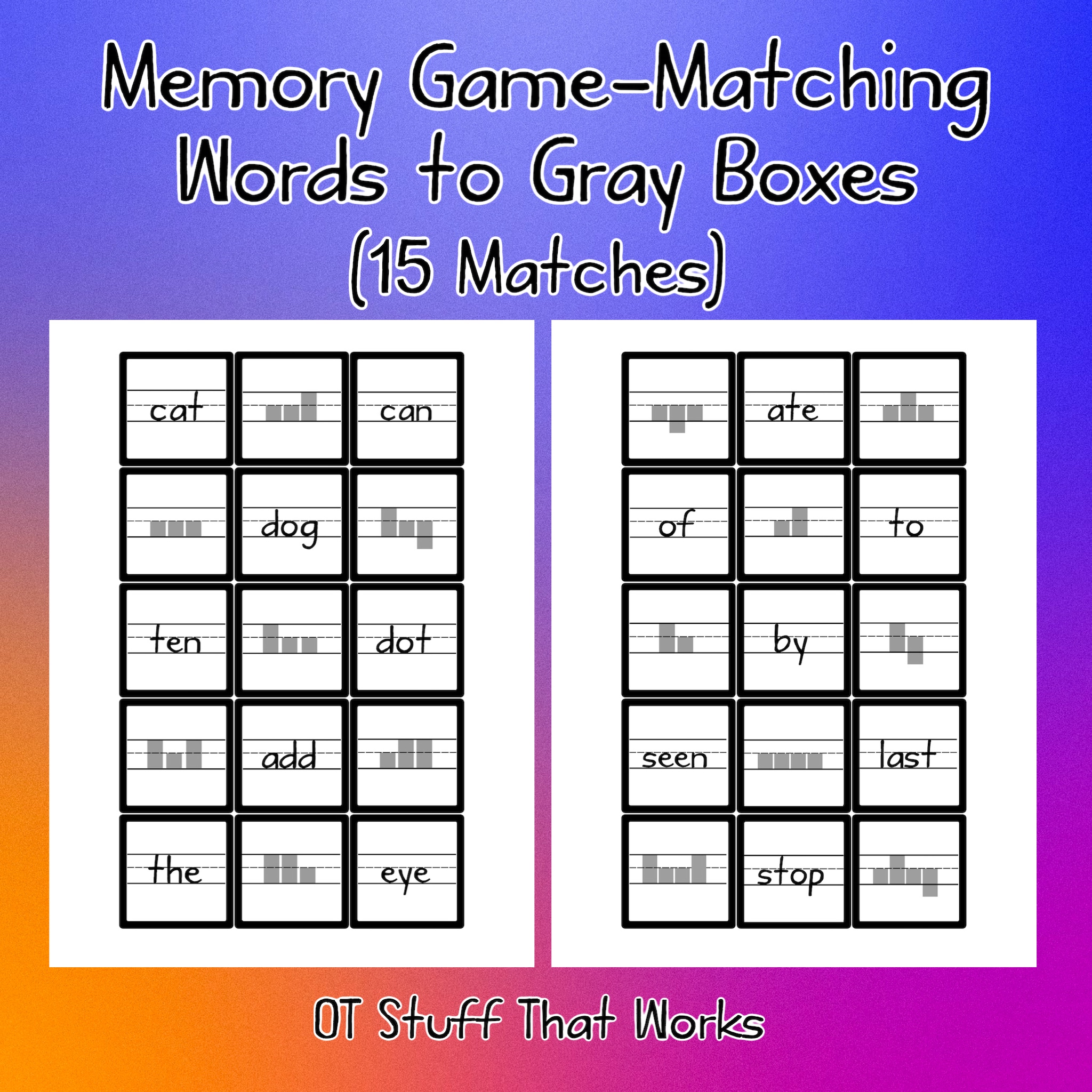 Memory Game- Matching Words to Gray Boxes - Classful