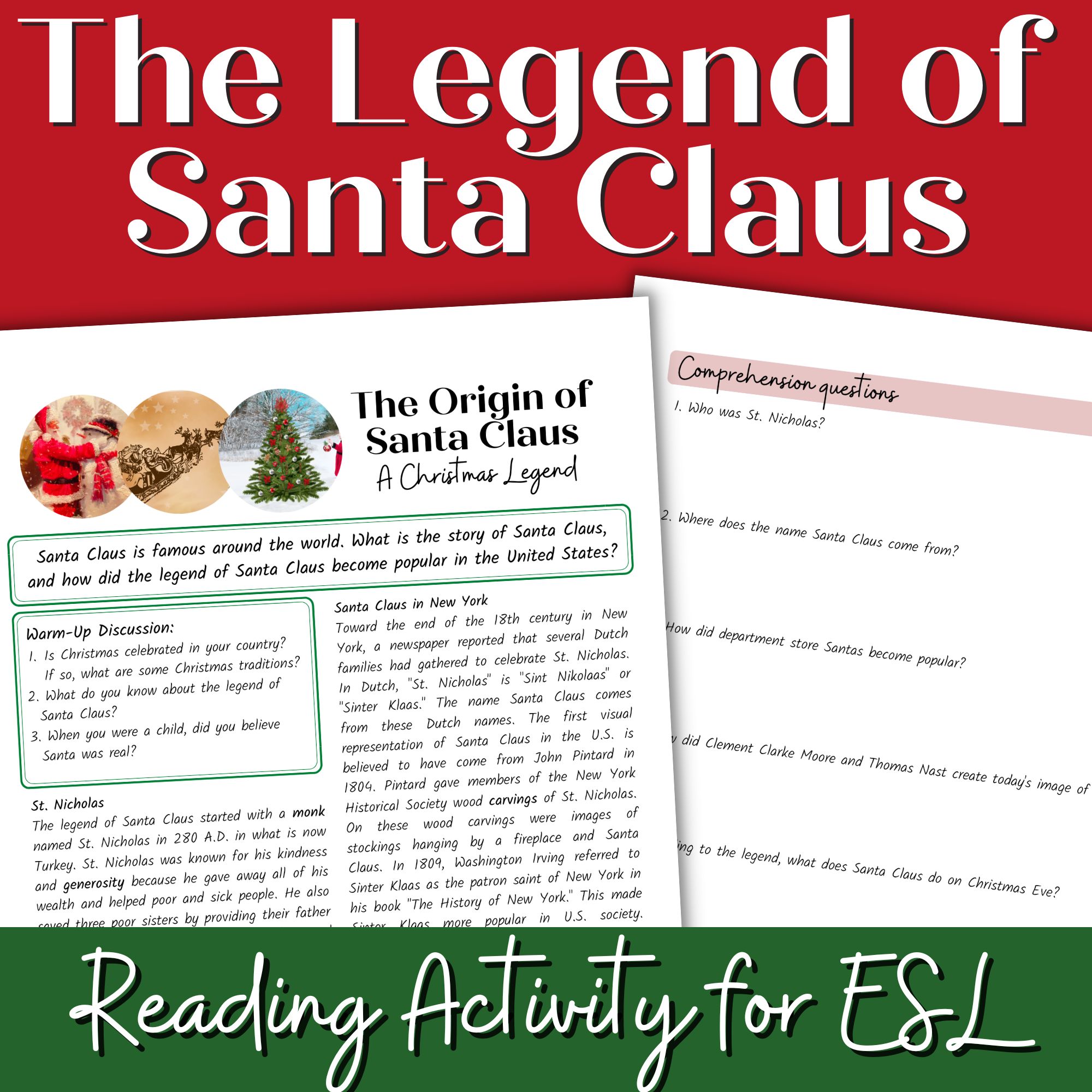 Santa Claus Christmas Reading Passage and Activities for Adult ESL and High  School ELL Newcomers - Classful