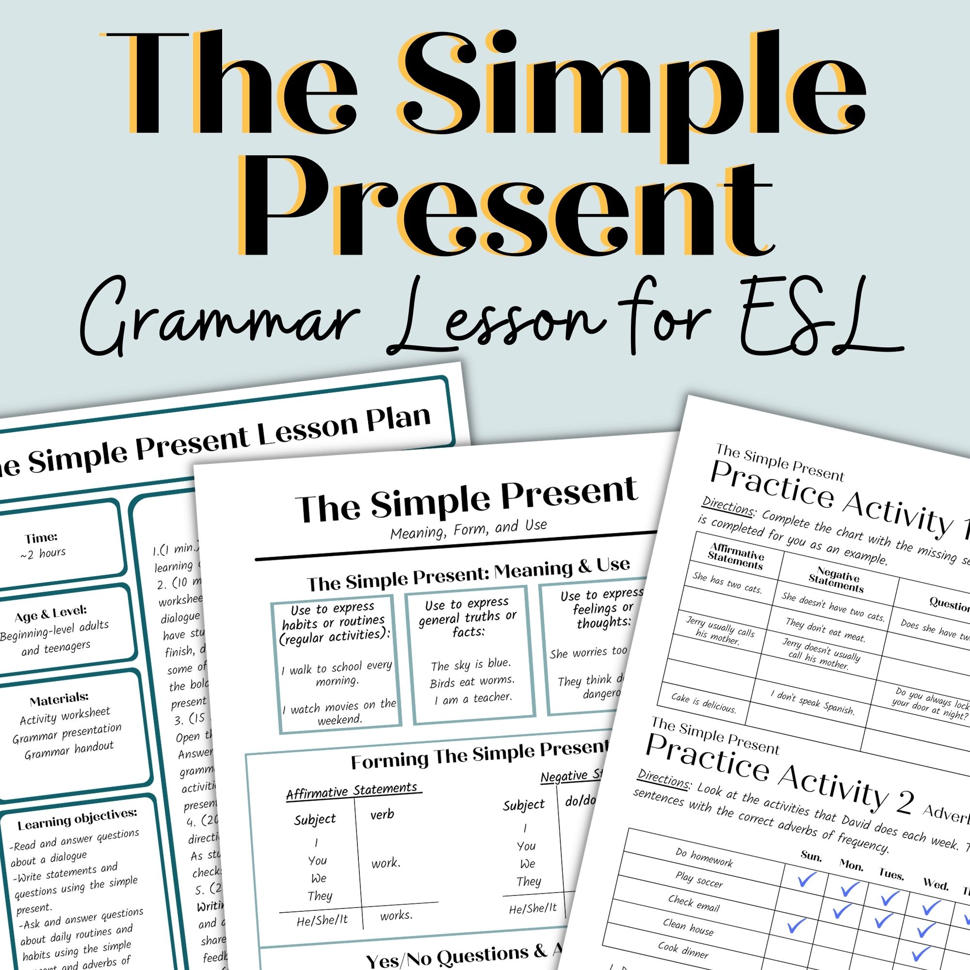 Simple Present Verb Tense ESL English Grammar Lesson Activities Worksheets  for Adult ESL and High School ELL Newcomers - Classful