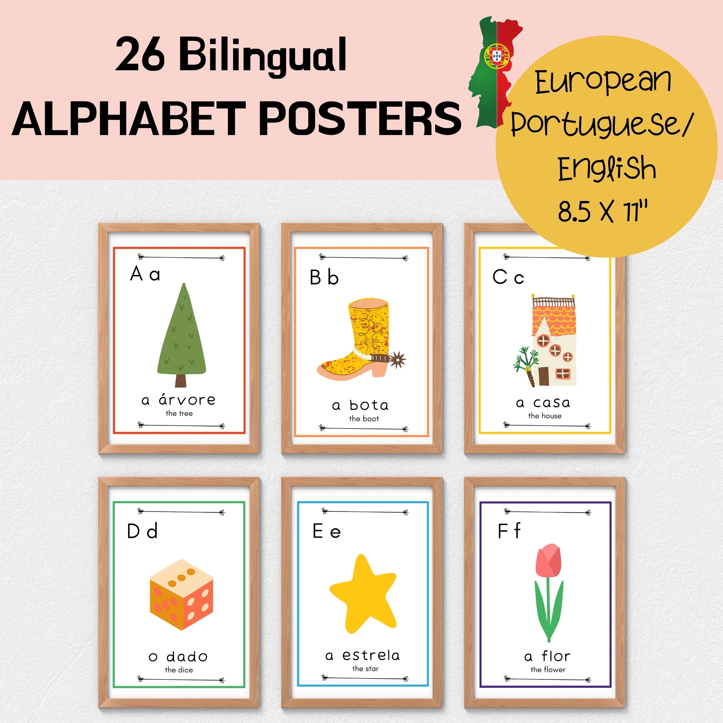 Bilingual European Portuguese Alphabet Posters I Rainbow Colors
