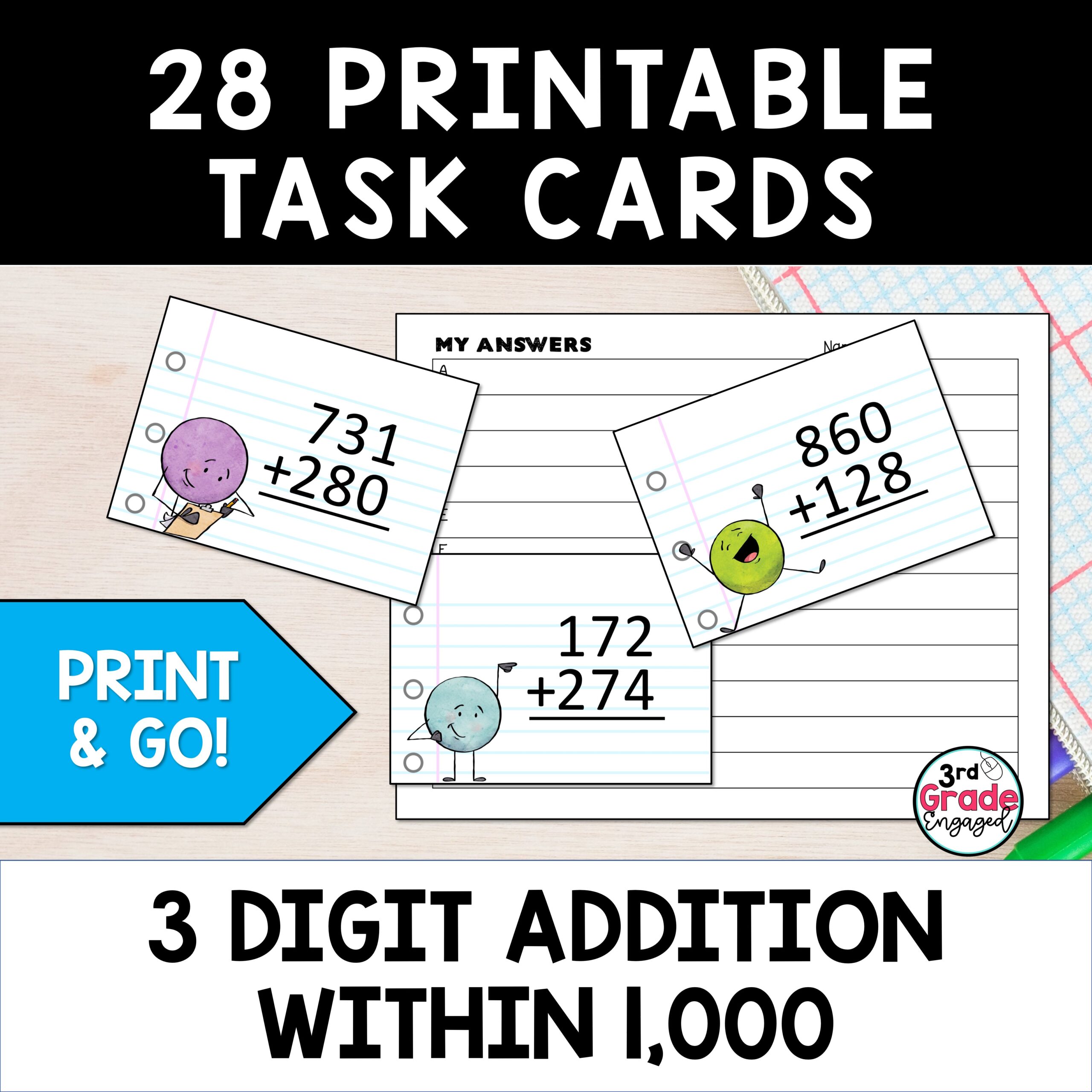 Adding 3 Digit Numbers within 1000 Printable and Digital Addition Task Cards  - Classful