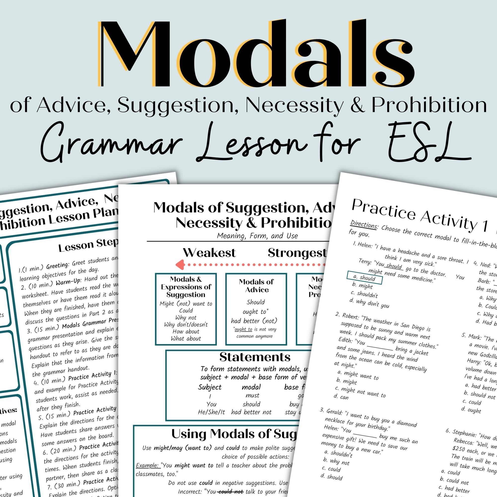 Modals of Advice English Grammar Lesson and Activities for Adult ESL and  High School ELL - Classful