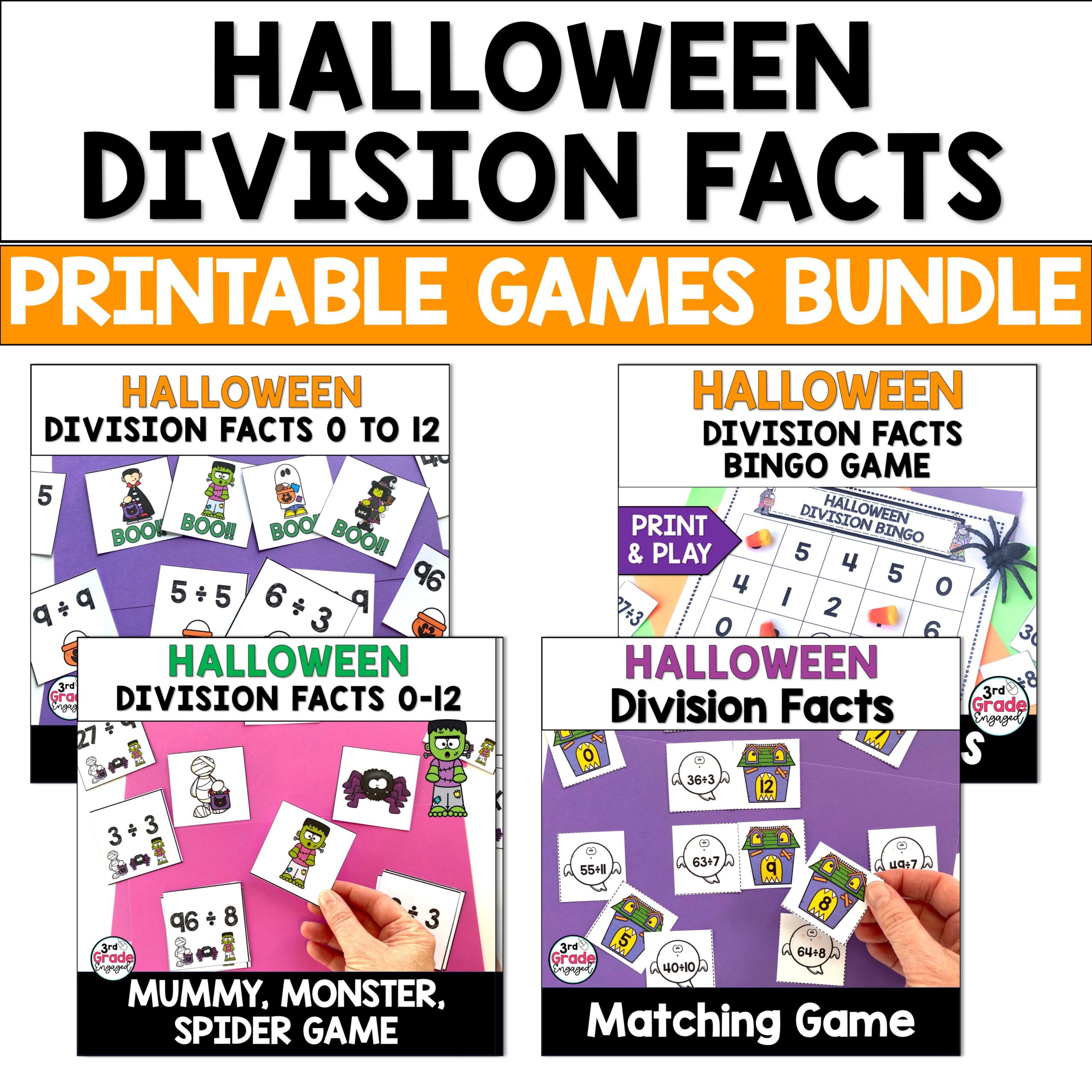 Halloween math division facts printable games bundle classful