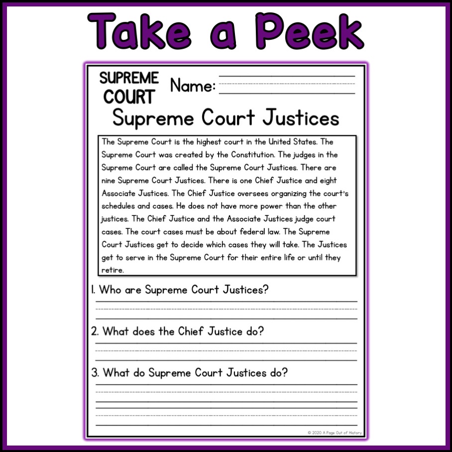 Supreme Court Social Studies Reading Comprehension Passages K-2 - Classful