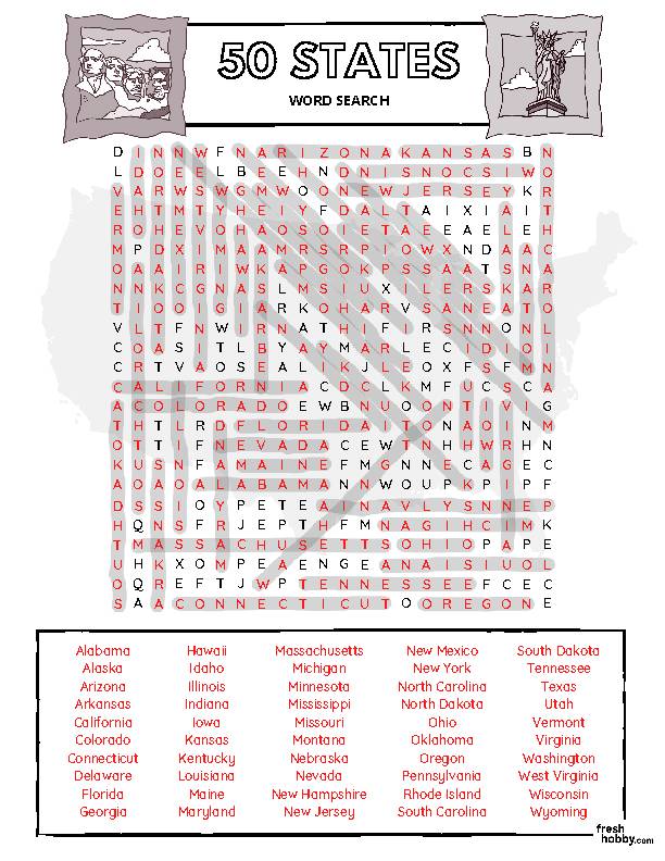 United States 50 STATES Word Search Puzzle Intermediate Difficulty 