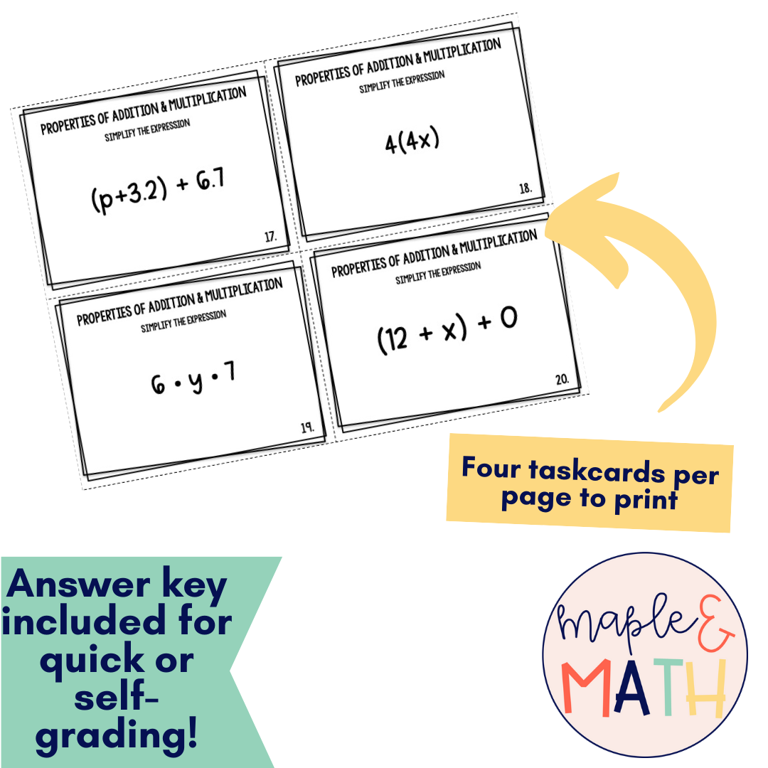 Properties of Addition and Multiplication Task Cards 6th Grade - Classful