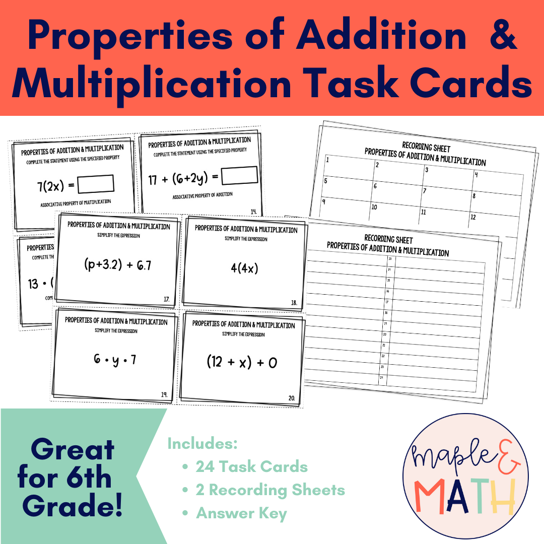 Properties of Addition and Multiplication Task Cards 6th Grade - Classful