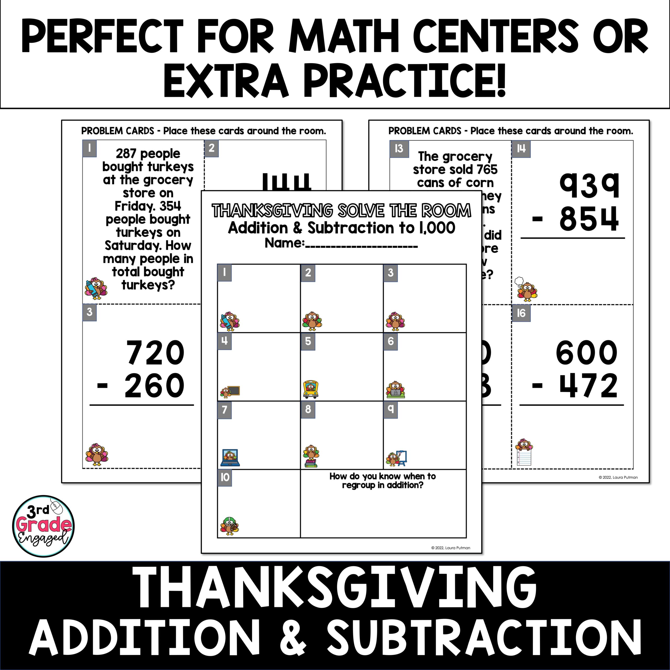 Addition & Subtraction to 1000 Solve the Room Thanksgiving Math ...