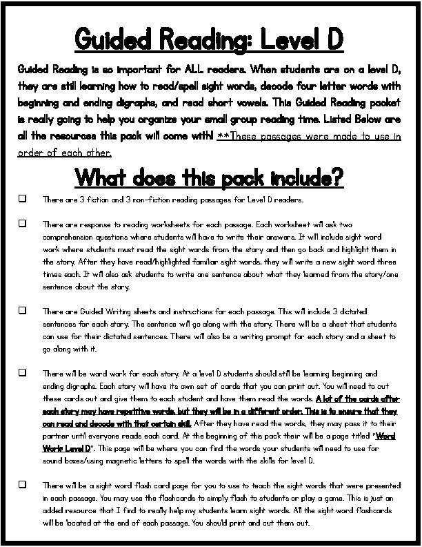 Guided Reading Level D Classful