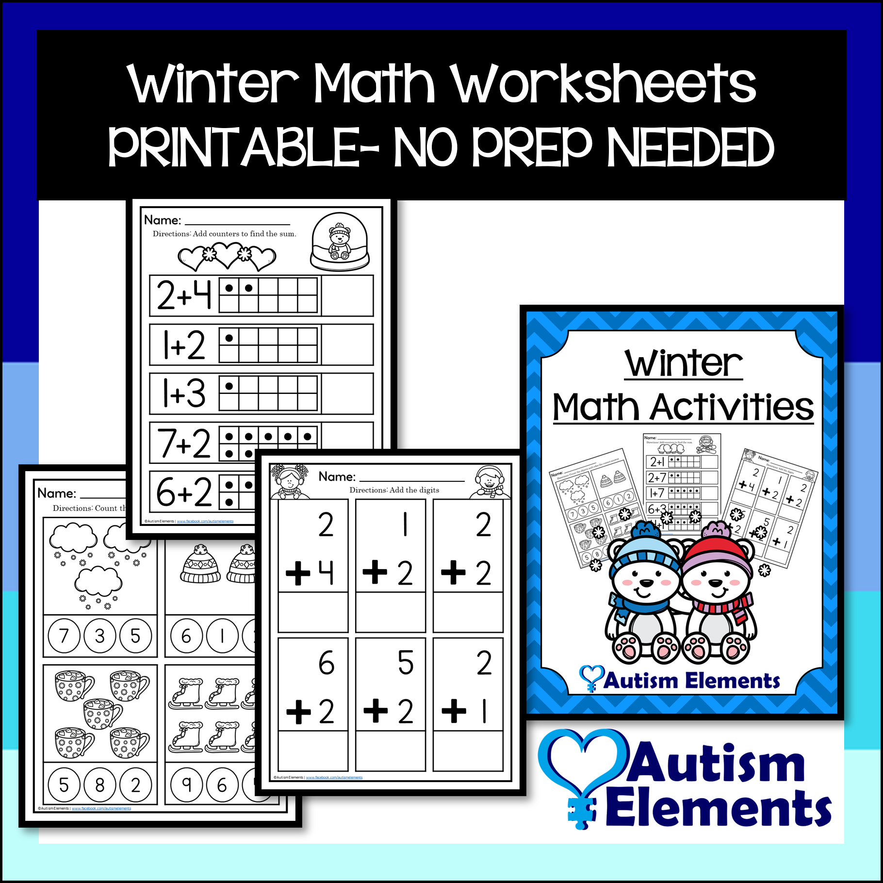 Winter Math Activities Printables Worksheets NO PREP SPED Autism 