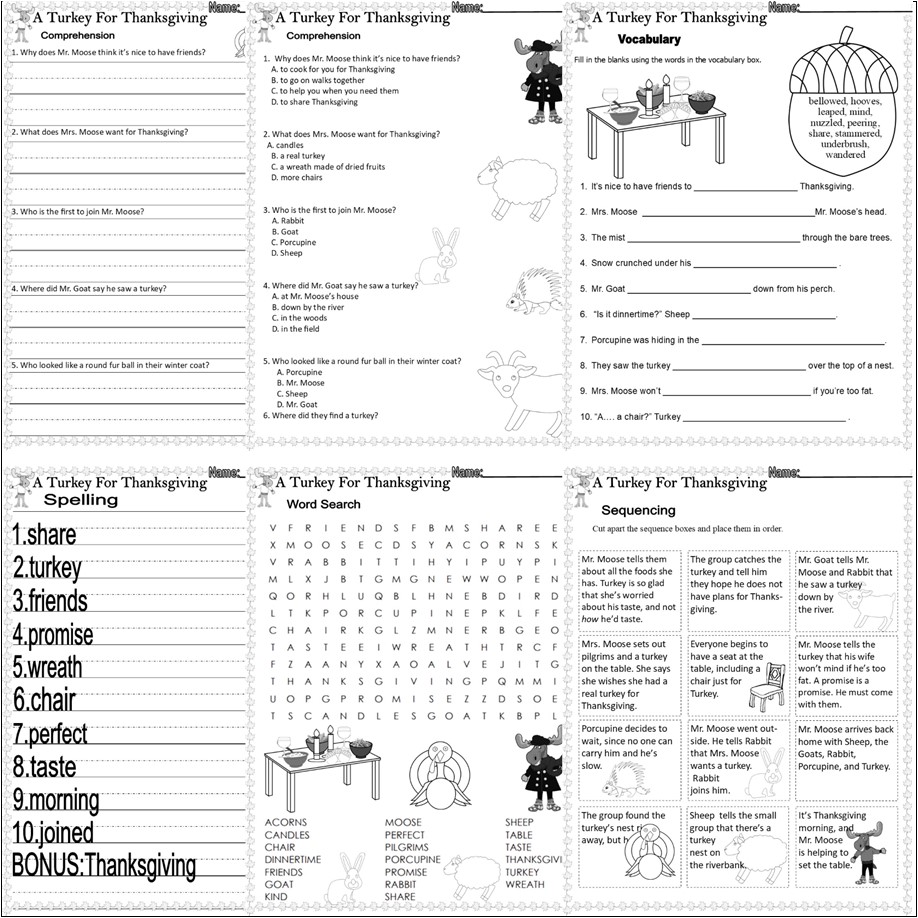 A Turkey For Thanksgiving By Eve Bunting Comprehension Questions Printables