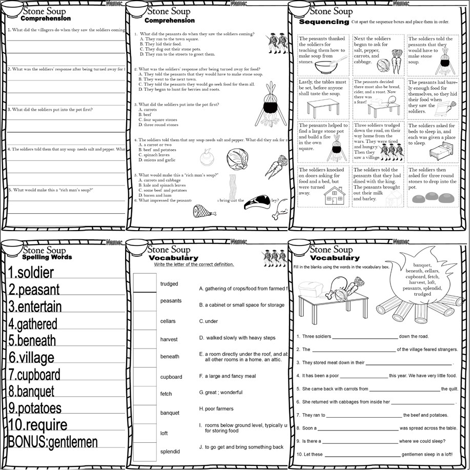 Stone Soup Book Study Companion Reading Comprehension Literacy Quiz Activities  Worksheets - Classful