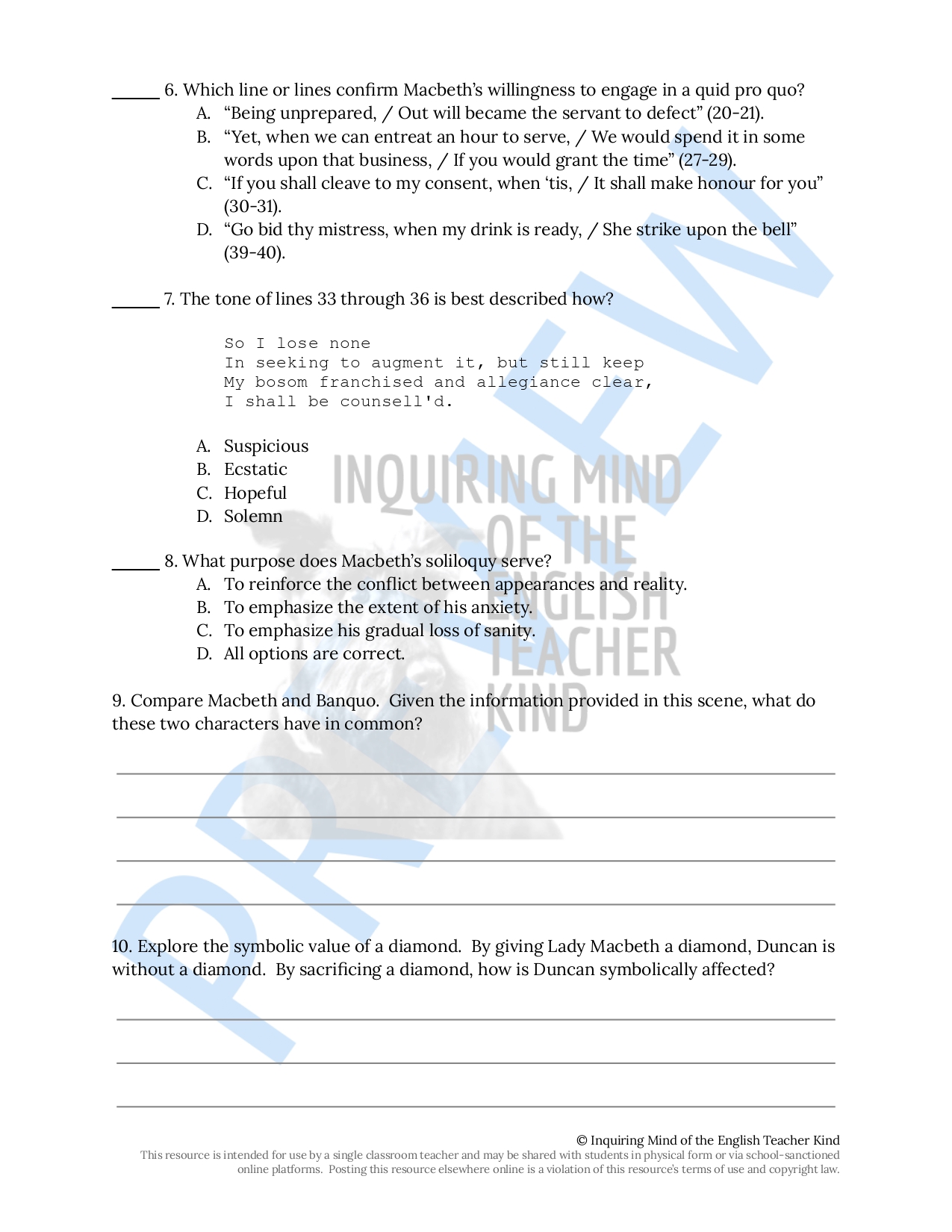Macbeth Act 2 Scene 1 Close Reading Worksheet - Classful