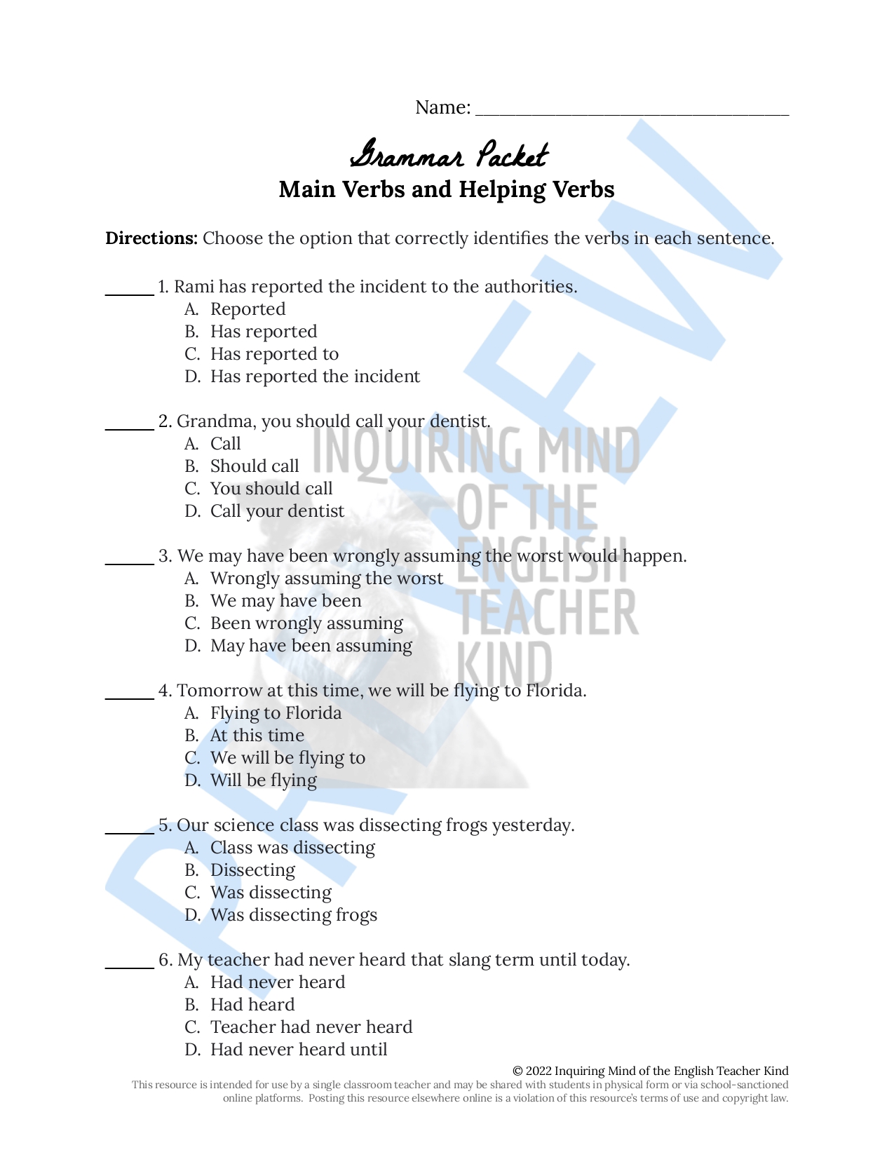 Grammar Practice Worksheet on Main Verbs and Helping Verbs Classful