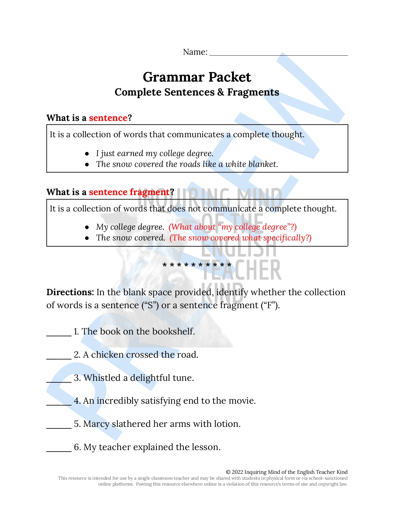 Grammar Practice Worksheet on Complete Sentences and Fragments Classful