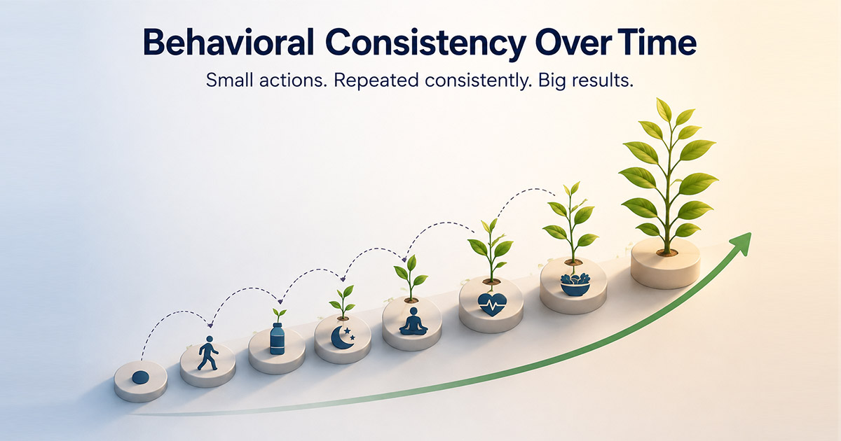 Visual graphic showing small daily health habits compounding into a growing plant, illustrating behavioral consistency over time.