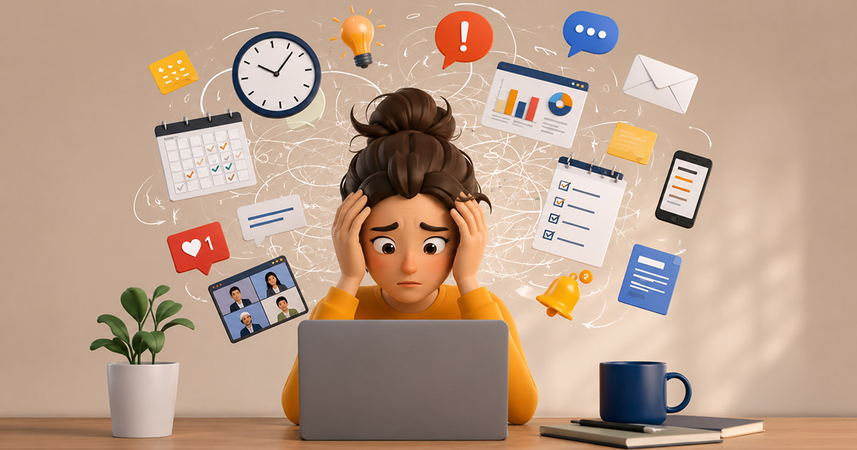 Illustration of an overwhelmed employee at a laptop surrounded by floating icons for calendars, video calls, emails, and notifications, representing digital distraction.