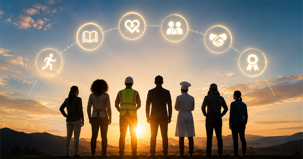 Diverse group of workers looking toward a sunset with glowing wellness icons forming an arch above them, representing holistic employee well-being.