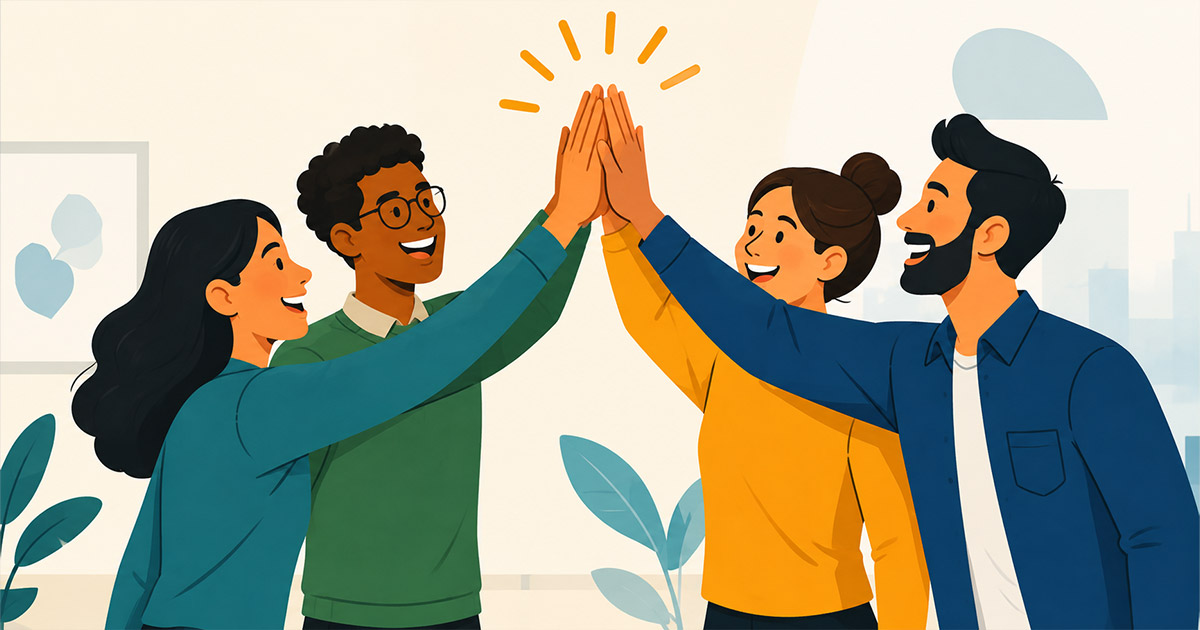 Vector illustration of four diverse colleagues high-fiving in an office setting, representing team collaboration and social connection.