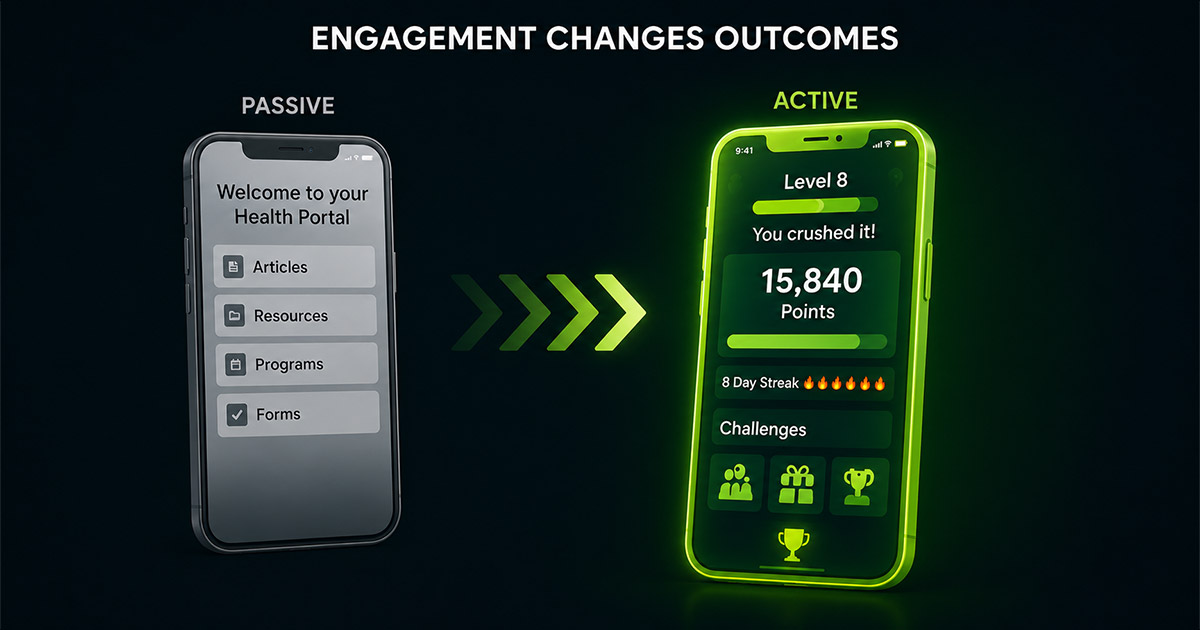 Comparison showing a transition from a passive health portal smartphone app to an active gamified app featuring point totals and streak tracking.