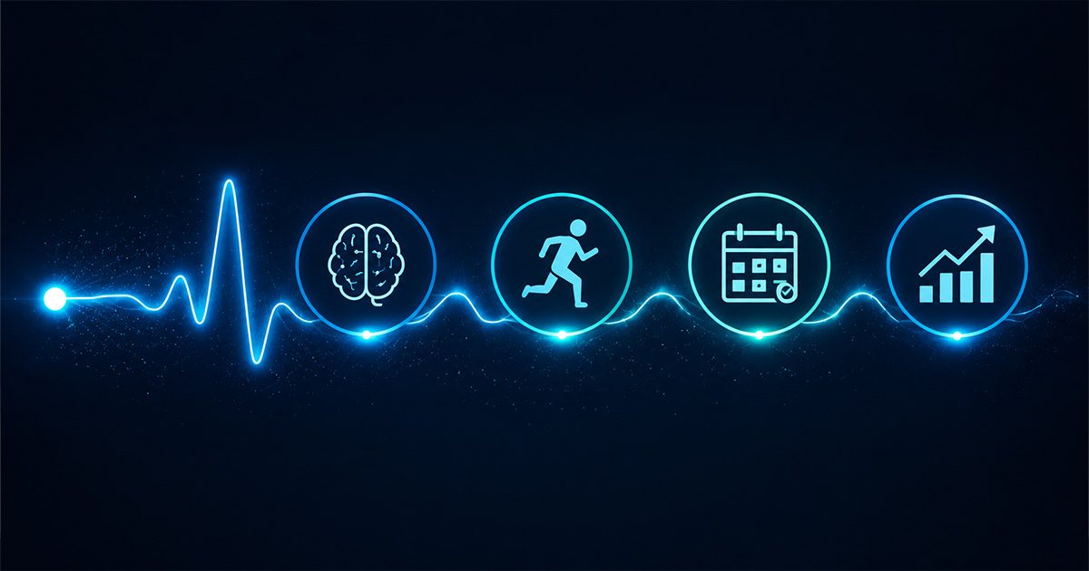 Glowing heart rate monitor line connecting wellness icons for psychology, activity, habit consistency, and positive outcomes.