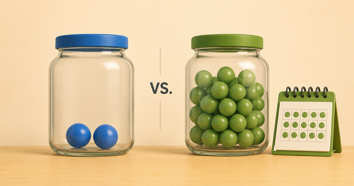 Side-by-side glass jars showing two large blue spheres versus a jar full of small green spheres next to a calendar, symbolizing small daily habits versus rare events.