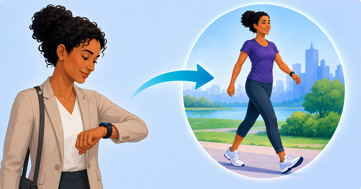 Illustration of a woman transitioning from checking her smartwatch health data to actively walking outside in workout clothes.