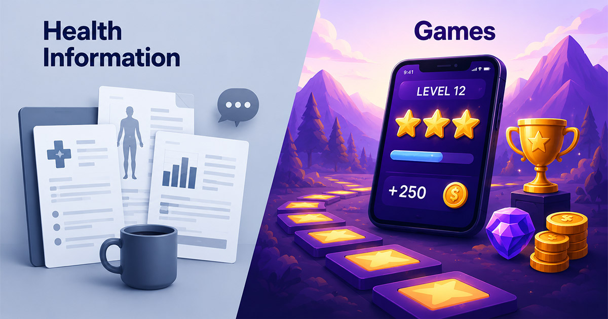 Split graphic comparing static medical reports and health information with an engaging, gamified smartphone reward experience.