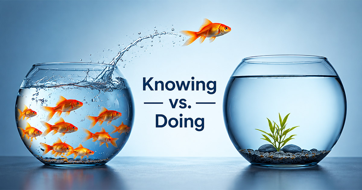 Conceptual image of a goldfish leaping from a crowded bowl into a larger, open fishbowl with text reading 'Knowing vs. Doing.'