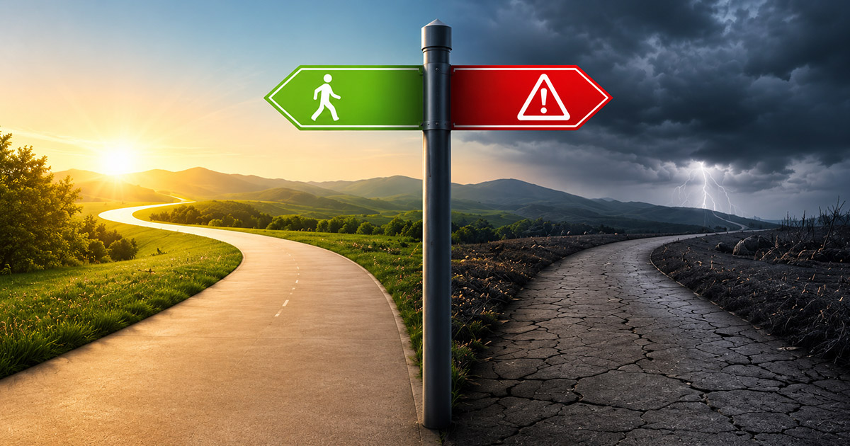 A signpost at a fork in the road showing a green walking path under a sunny sky versus a cracked, stormy path, representing health risk choices.