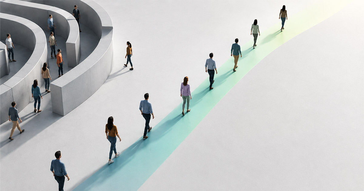 Minimalist illustration showing people stepping out of a circular maze onto a clear, highlighted path forward.