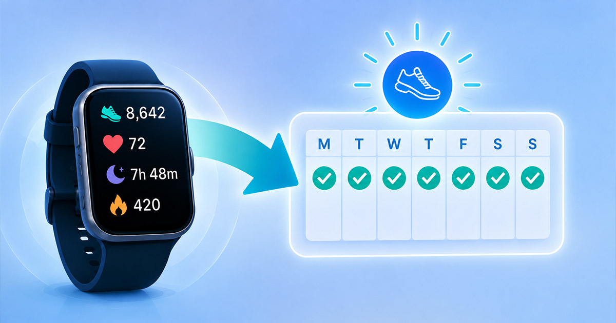 Illustration of a smartwatch health tracker converting biometric data into consistent daily exercise habits.